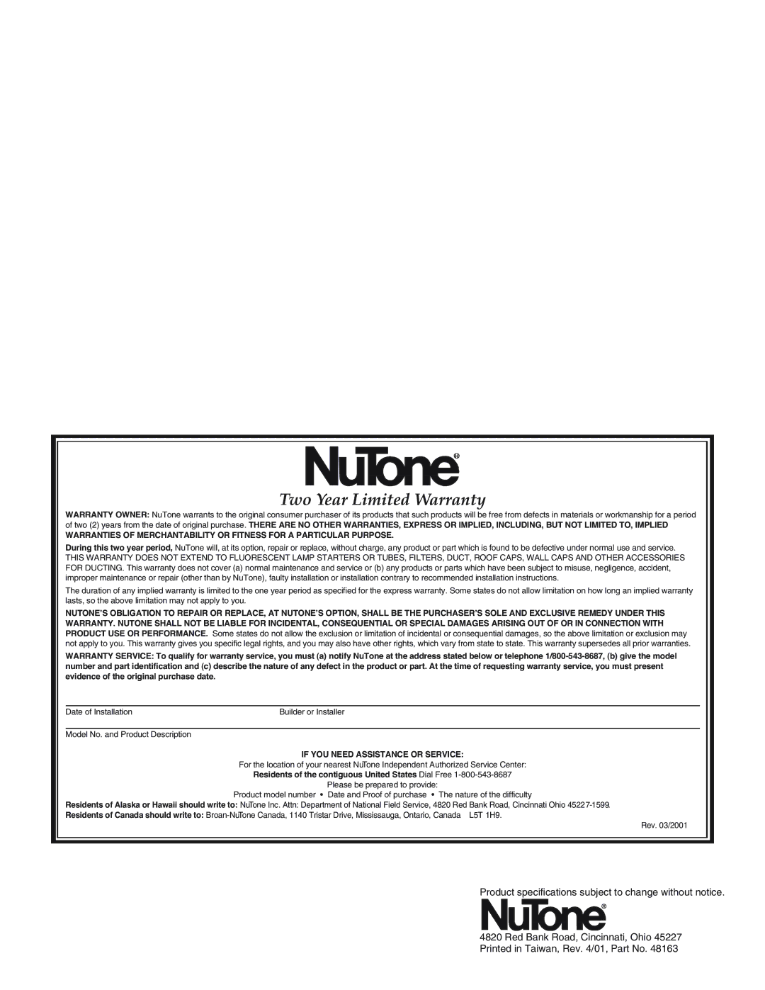 NuTone IA-29, IA-28 operating instructions Two Year Limited Warranty 