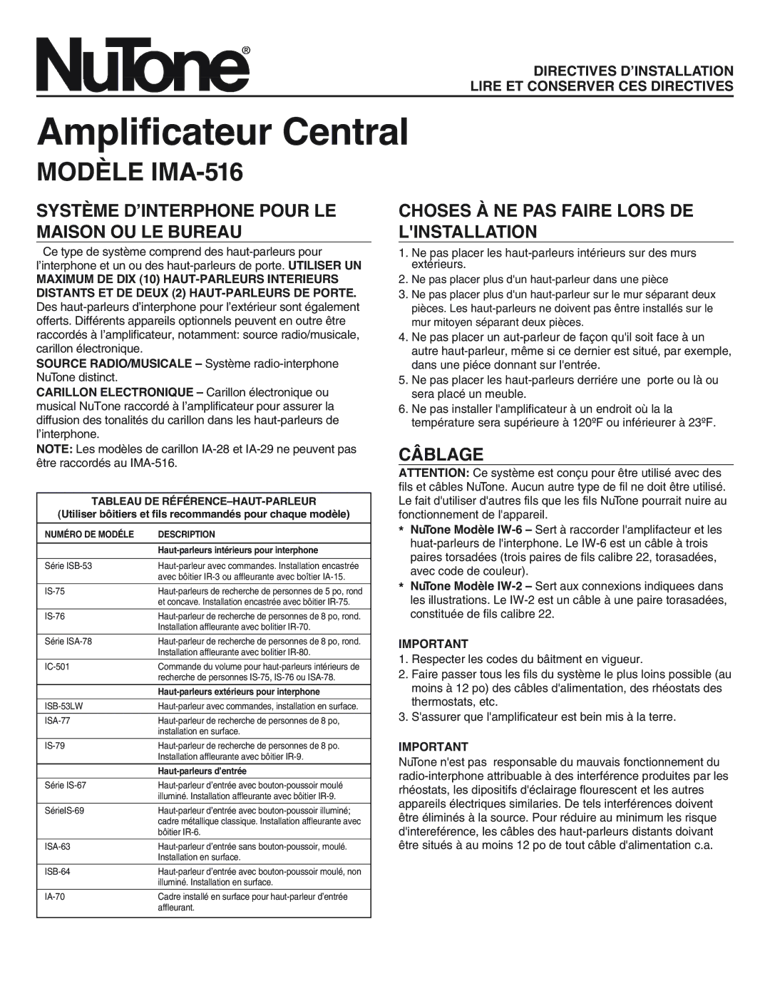 NuTone IA-28, IA-29 Système D’INTERPHONE Pour LE Maison OU LE Bureau, Choses À NE PAS Faire Lors DE Linstallation, Câblage 