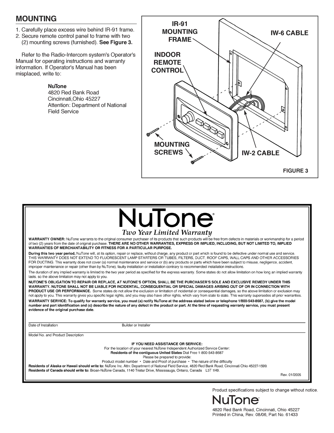 NuTone ICA-441WH installation instructions Mounting 