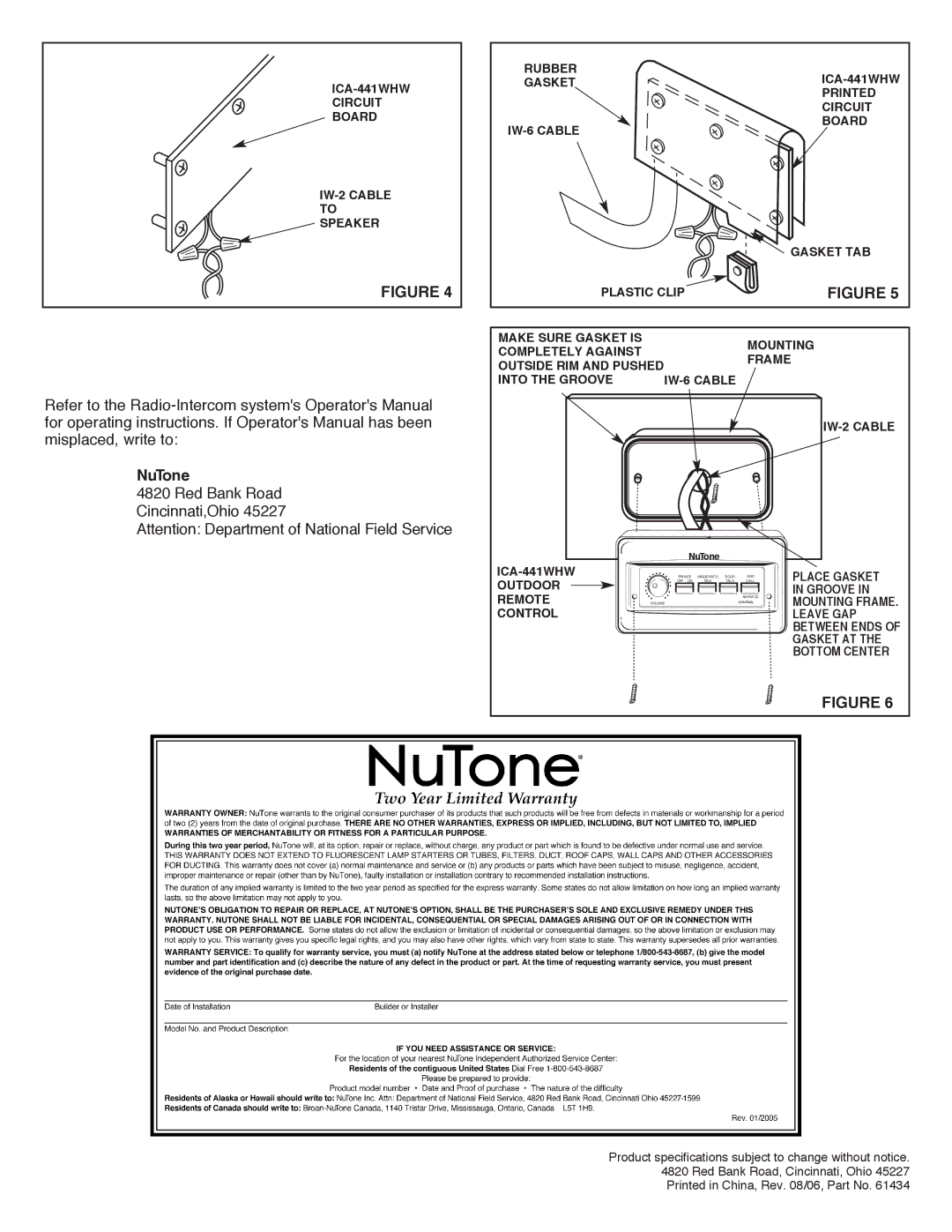 NuTone ICA-441WHW installation instructions NuTone, Red Bank Road Cincinnati,Ohio 