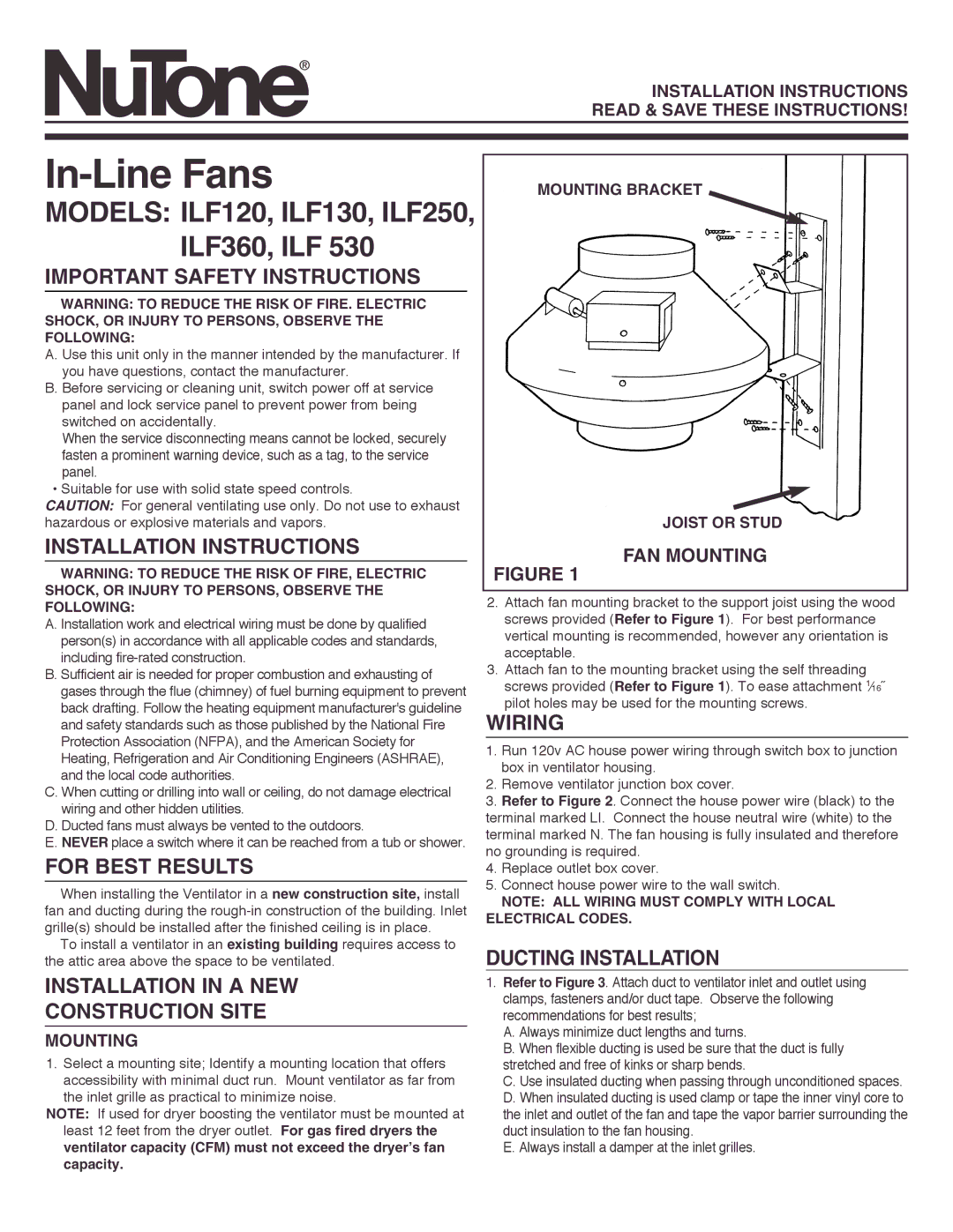 NuTone ILF360 important safety instructions Important Safety Instructions, Installation Instructions, For Best Results 