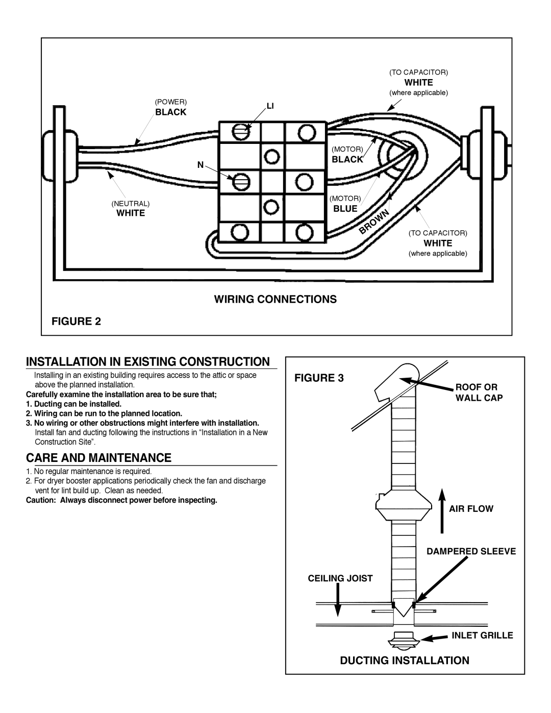 NuTone ILF530 Installation in Existing Construction, Care and Maintenance, Wiring Connections, Ducting Installation 