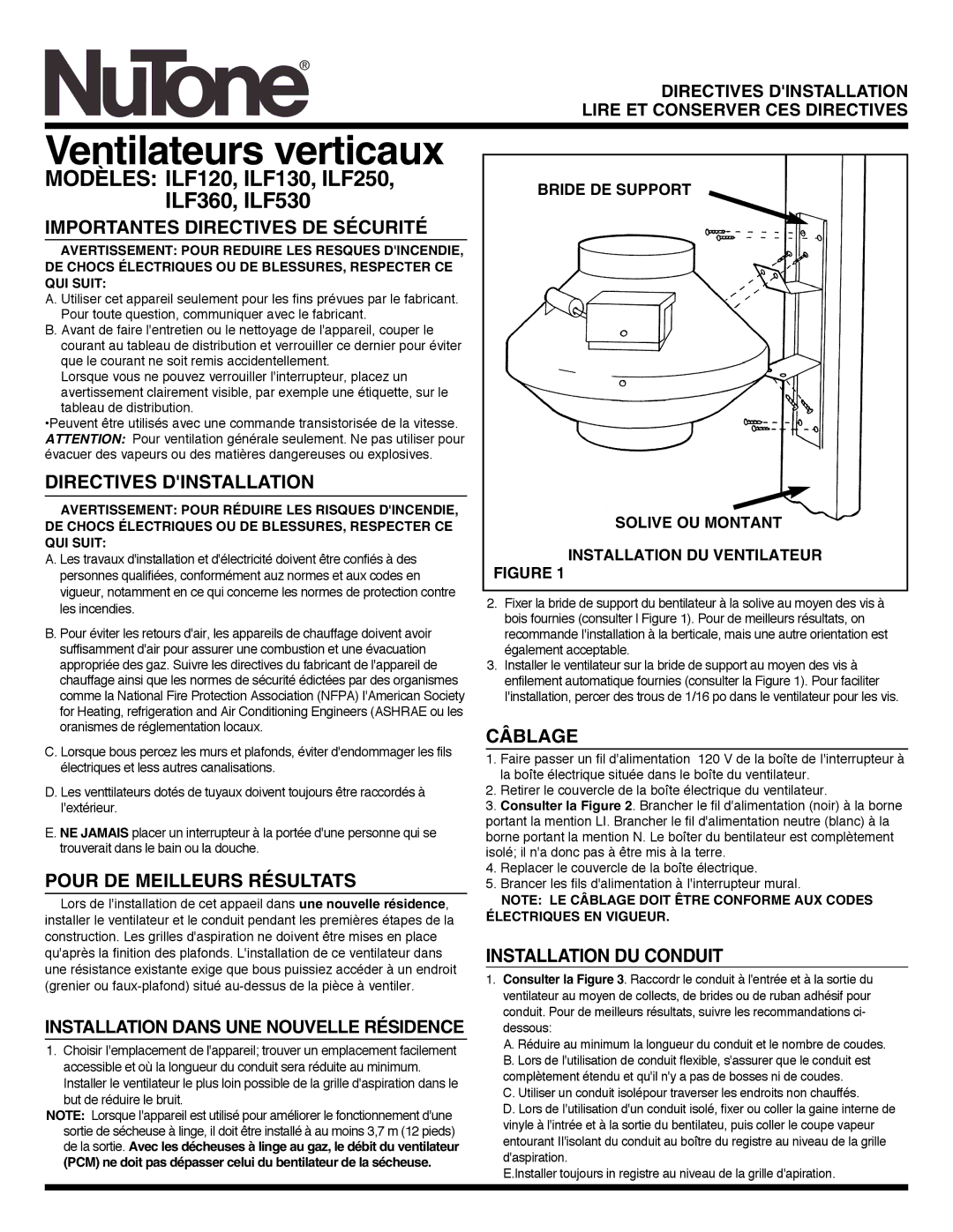 NuTone ILF360, ILF530 Importantes Directives DE Sécurité, Directives Dinstallation, Pour DE Meilleurs Résultats, Câblage 