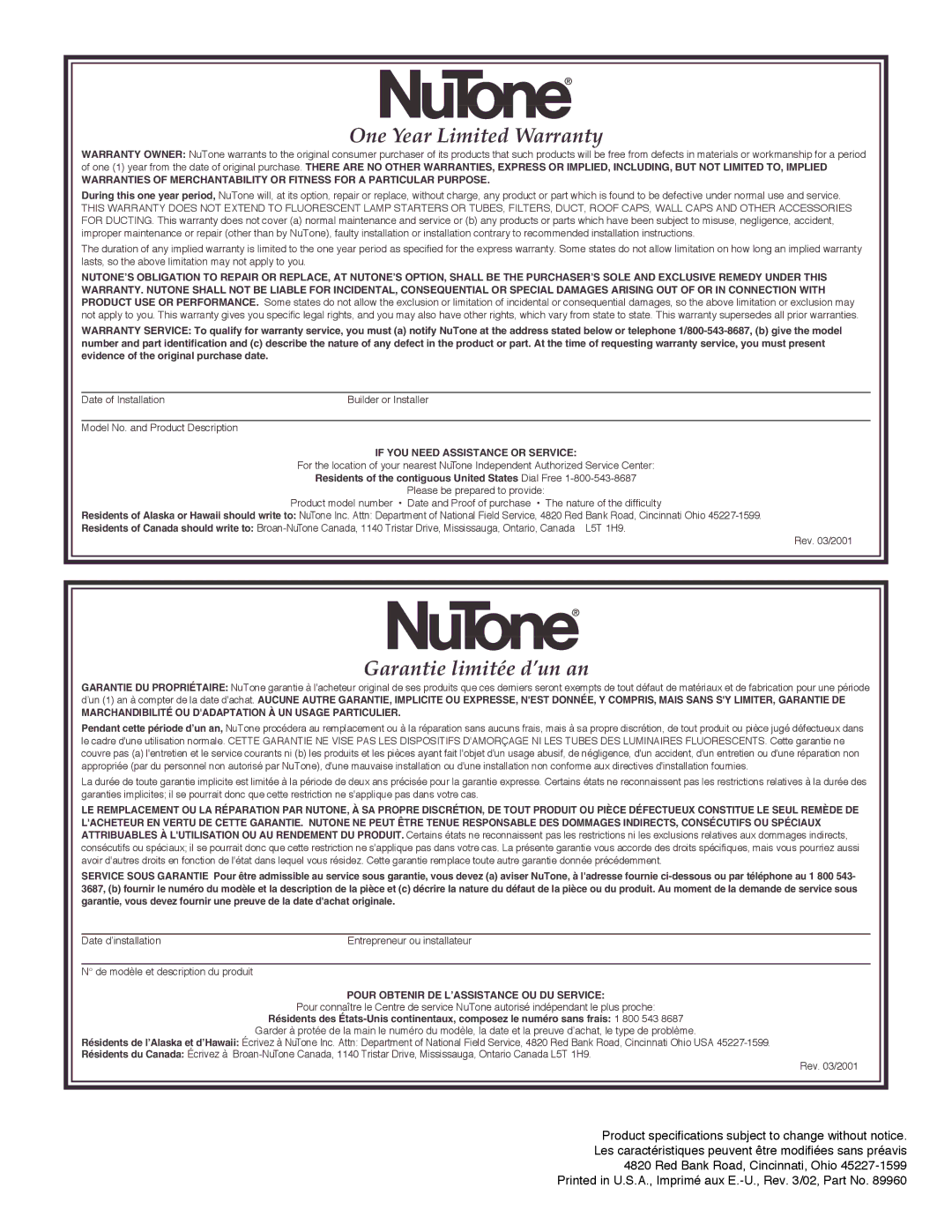 NuTone ILF360, ILF530 important safety instructions One Year Limited Warranty 