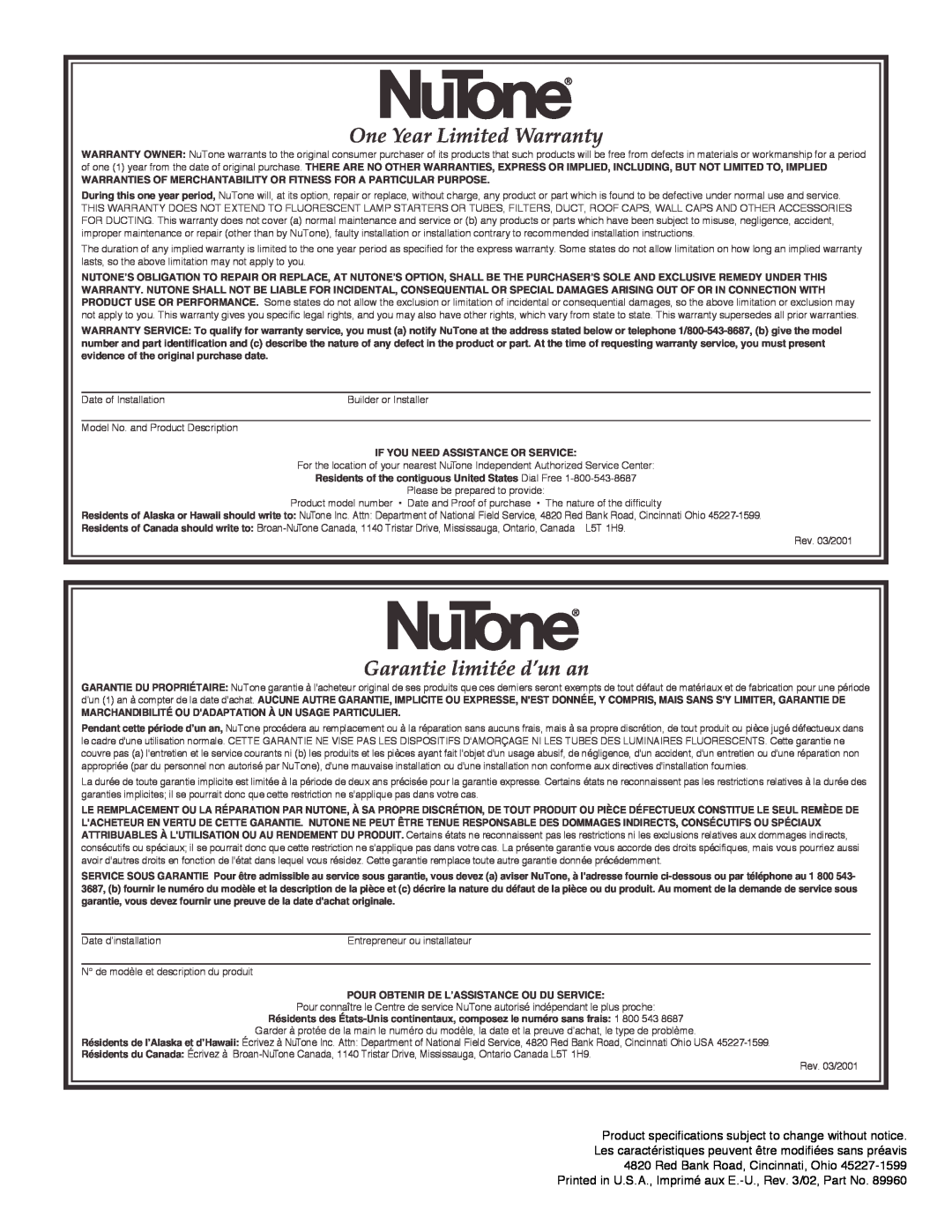 NuTone ILF360, ILF530 important safety instructions One Year Limited Warranty, Garantie limitée d’un an 
