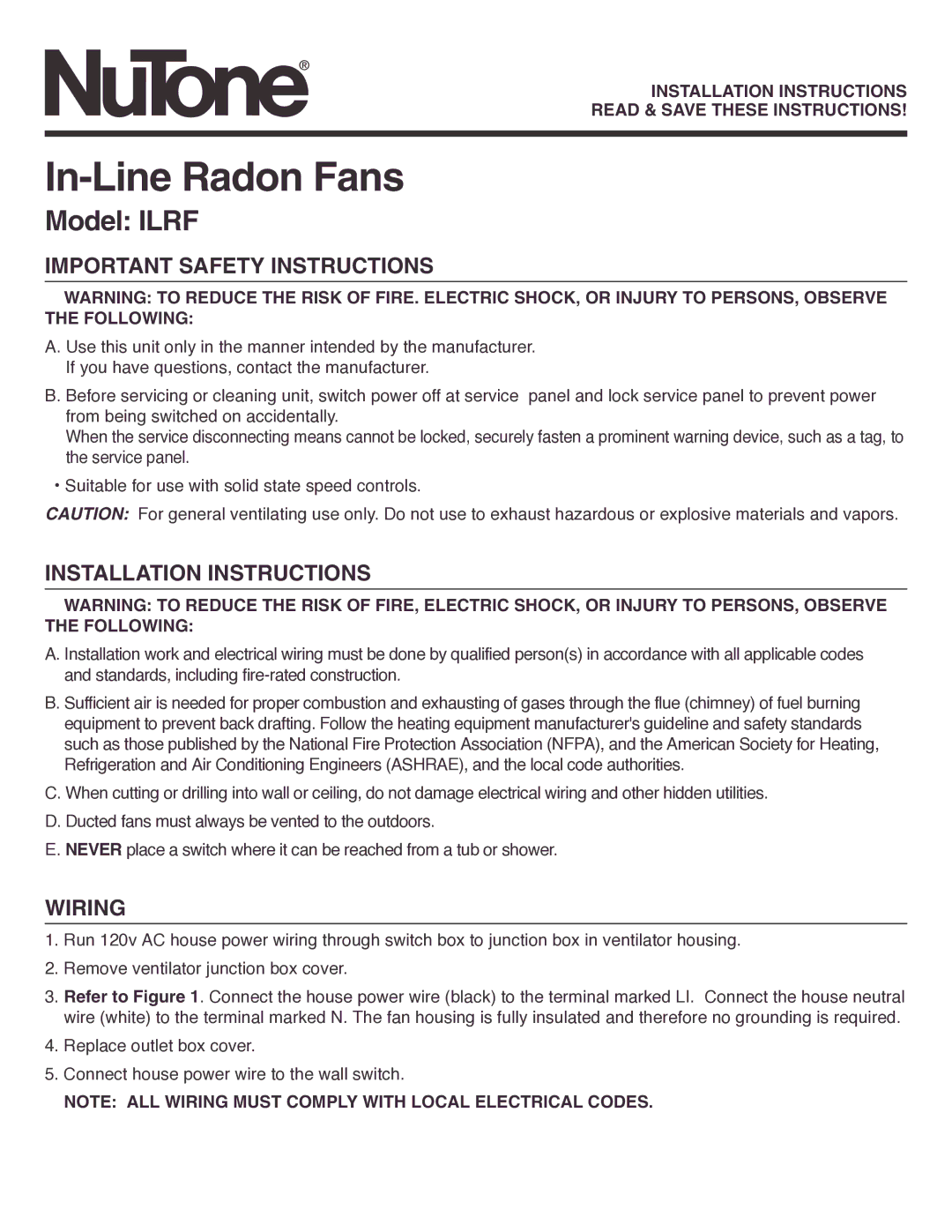 NuTone ILRF important safety instructions In-Line Radon Fans, Model Ilrf, Important Safety Instructions, Wiring 