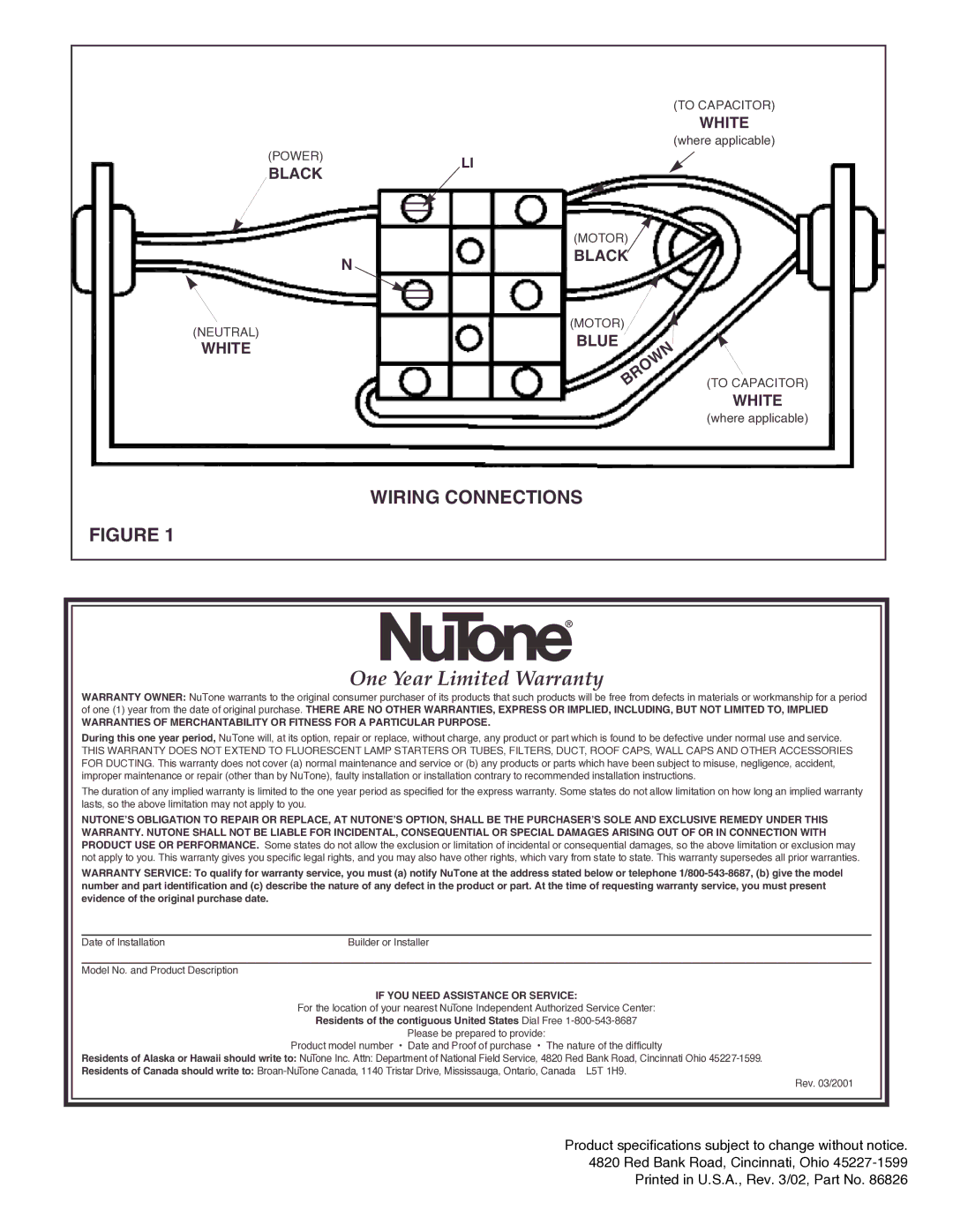 NuTone ILRF important safety instructions One Year Limited Warranty, If YOU Need Assistance or Service 