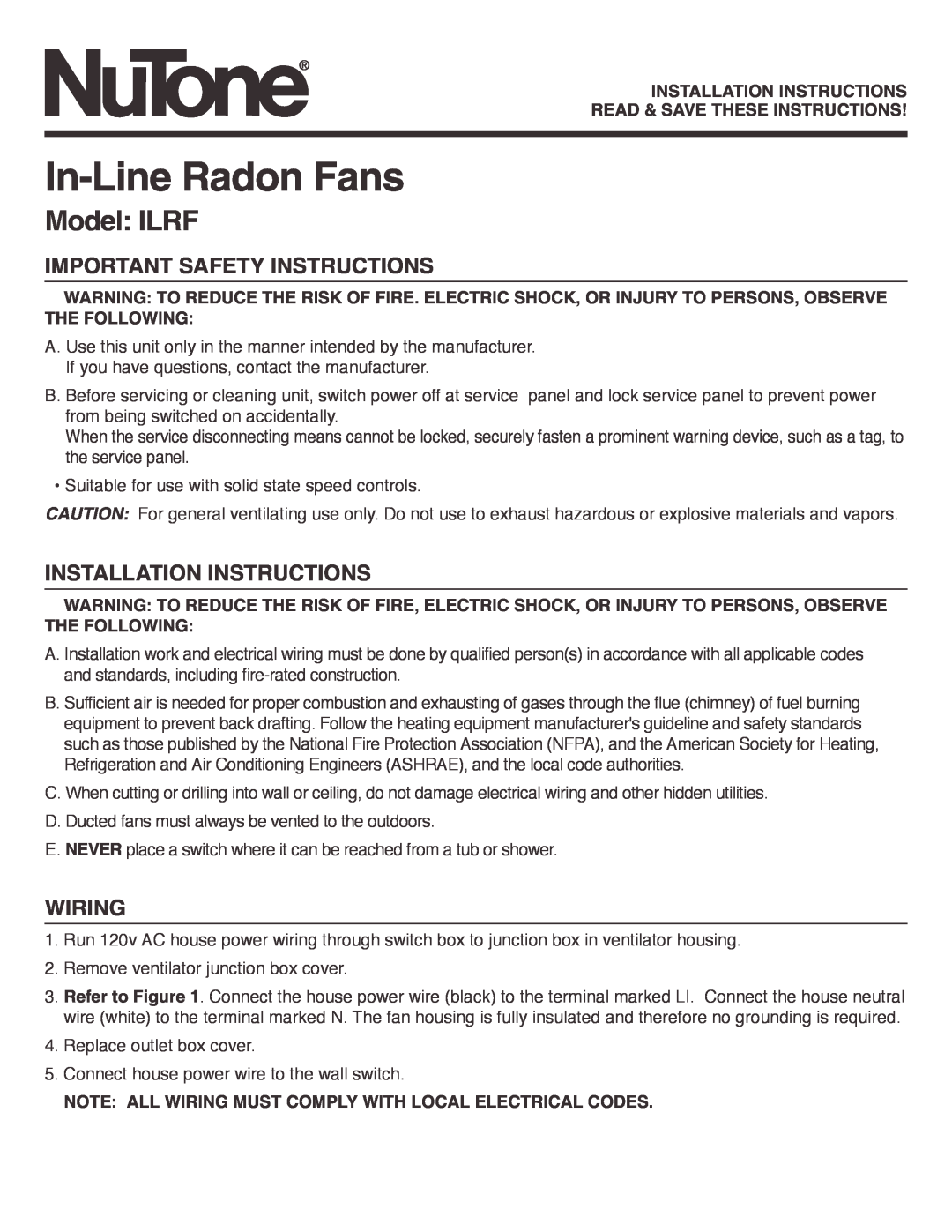 NuTone important safety instructions In-LineRadon Fans, Model ILRF, Important Safety Instructions, Wiring 