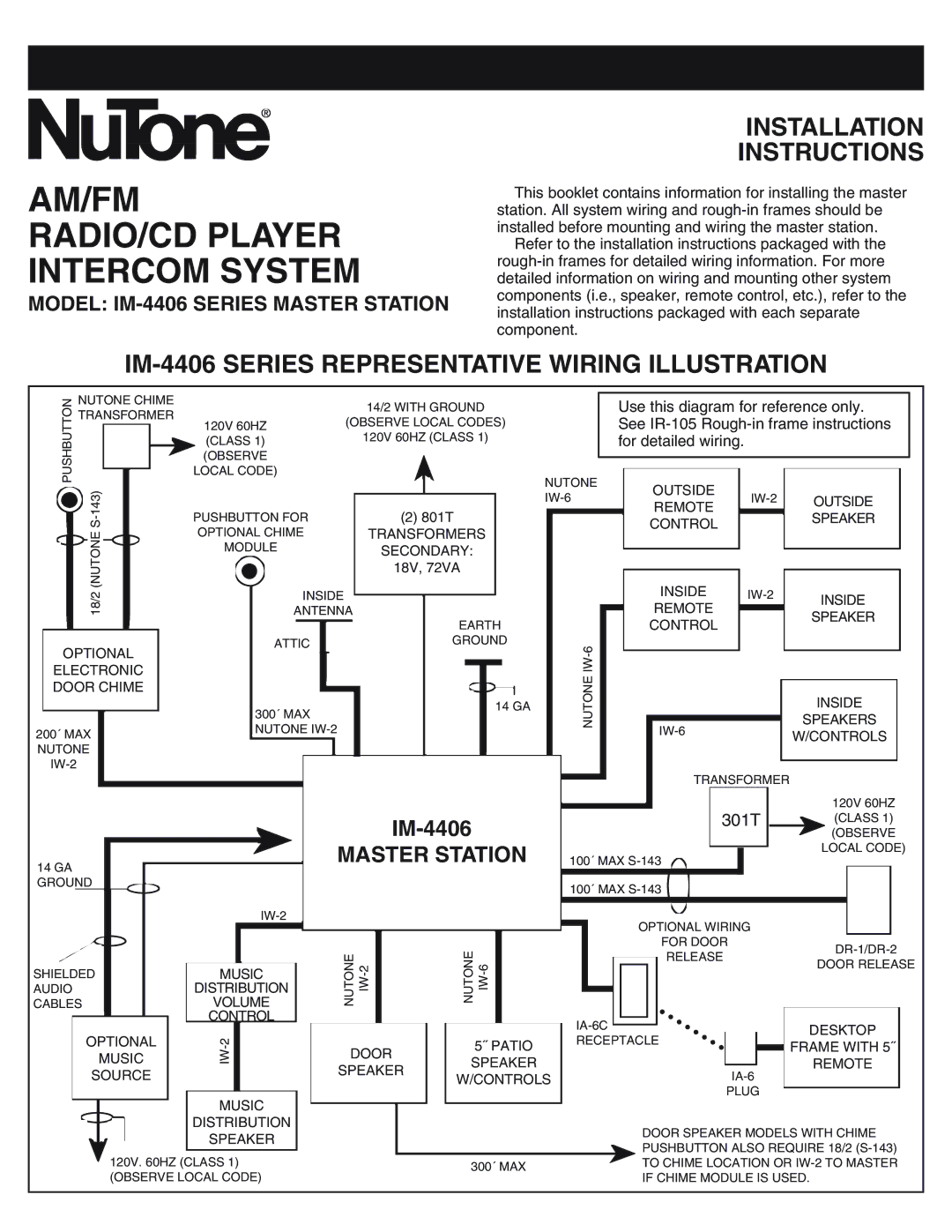 NuTone IM-440 Series installation instructions AM/FM RADIO/CD Player Intercom System, Model IM-4406 Series Master Station 