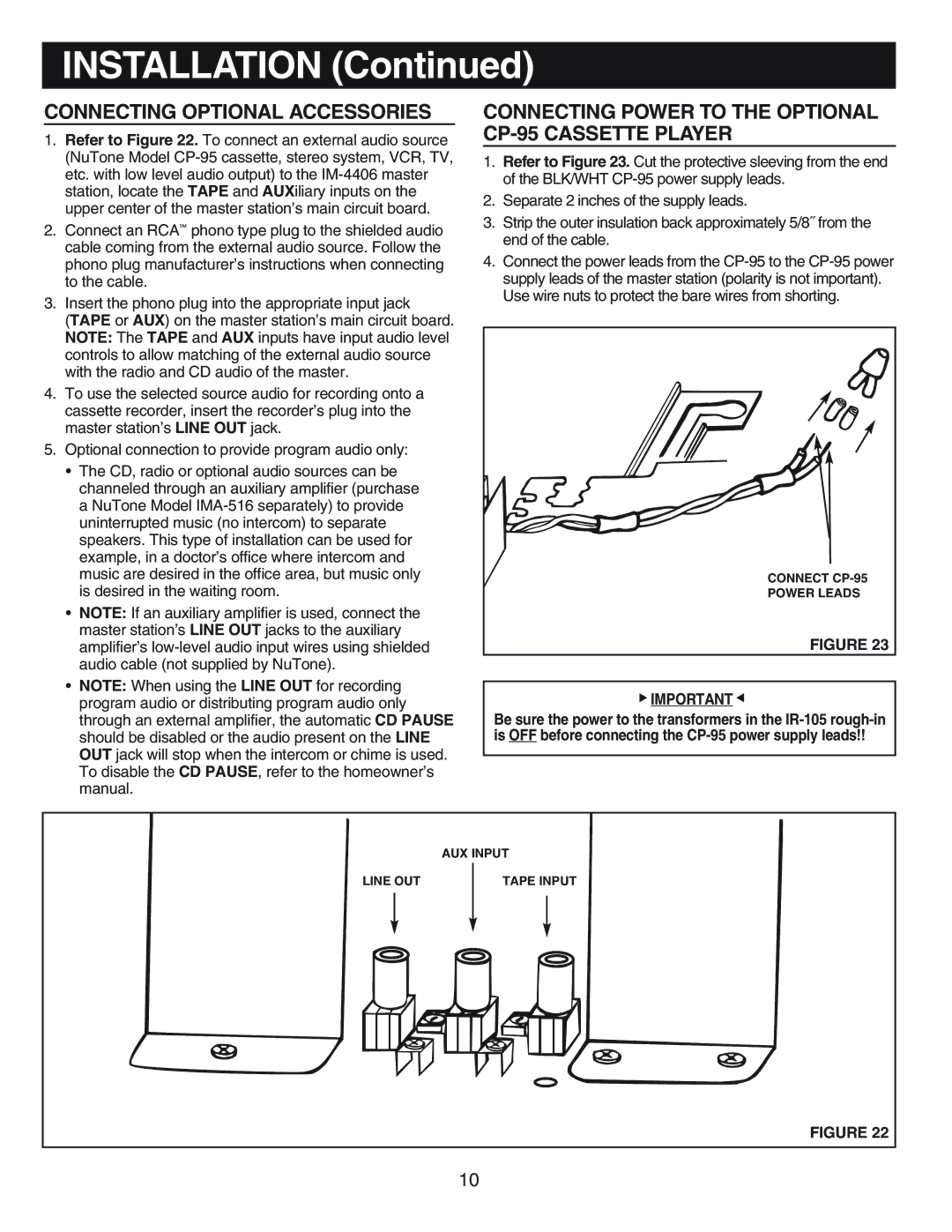 NuTone IM-440 Series Connecting Optional Accessories, Connecting Power to the Optional CP-95 Cassette Player 