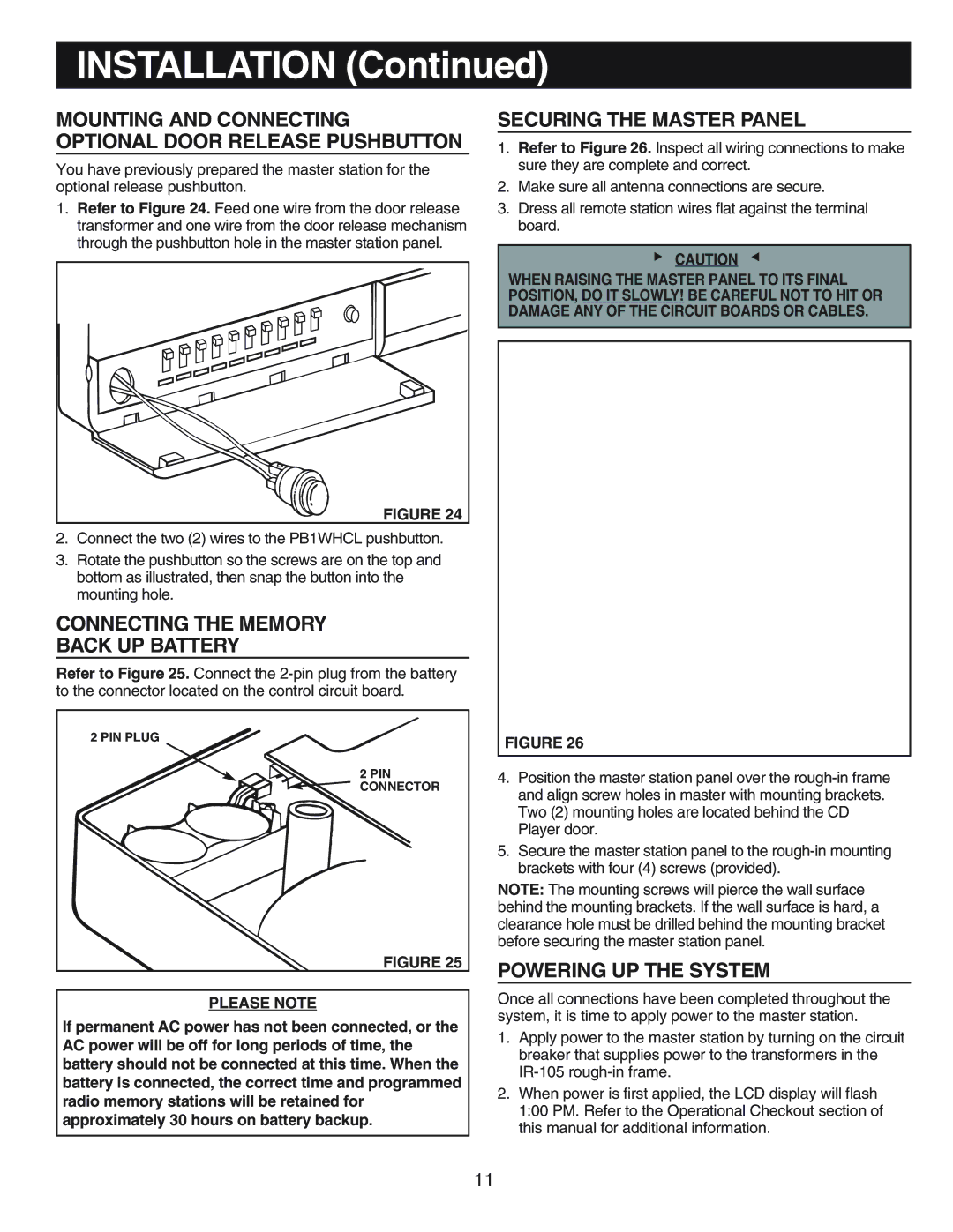 NuTone IM-440 Series Mounting and Connecting Optional Door Release Pushbutton, Connecting the Memory Back UP Battery 