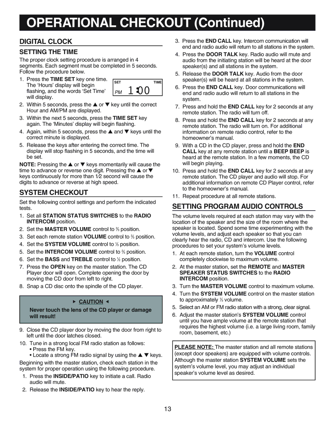 NuTone IM-440 Series installation instructions Digital Clock, System Checkout, Setting Program Audio Controls 