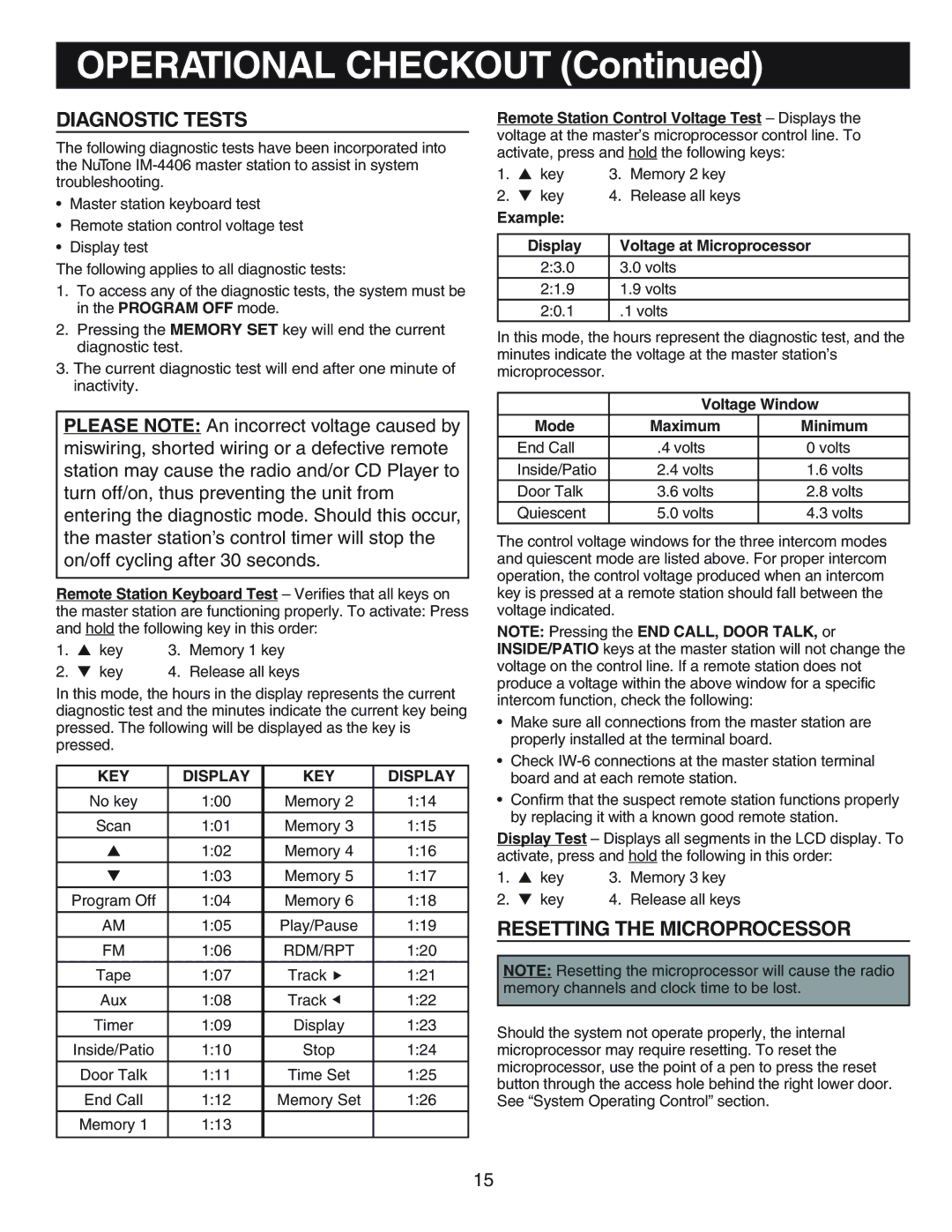 NuTone IM-440 Series installation instructions Diagnostic Tests, Resetting the Microprocessor, KEY Display 