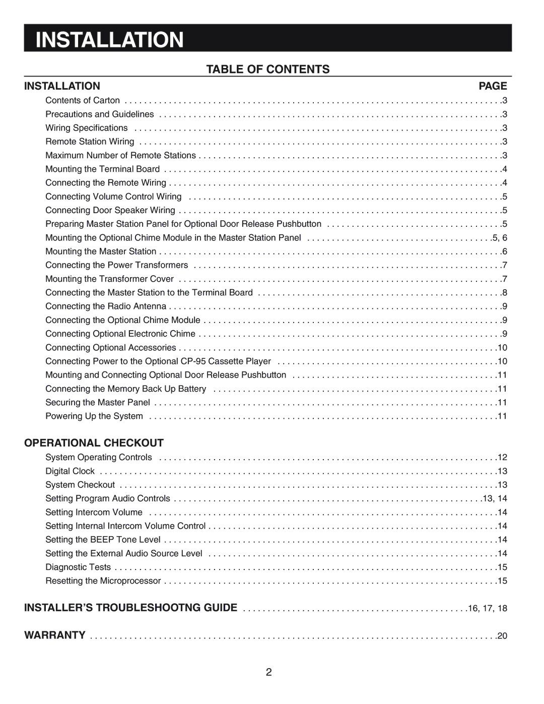 NuTone IM-440 Series installation instructions Installation, Table of Contents 