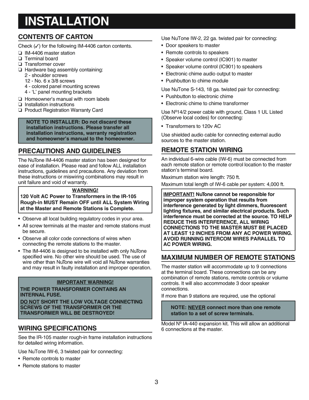 NuTone IM-440 Series Contents of Carton, Precautions and Guidelines, Wiring Specifications, Remote Station Wiring 