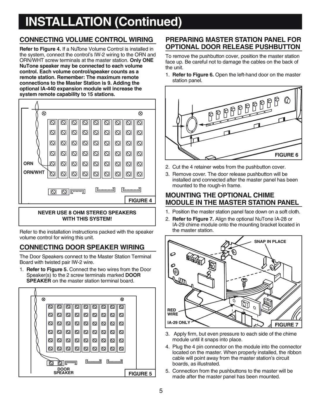 NuTone IM-440 Series installation instructions Connecting Volume Control Wiring, Connecting Door Speaker Wiring 