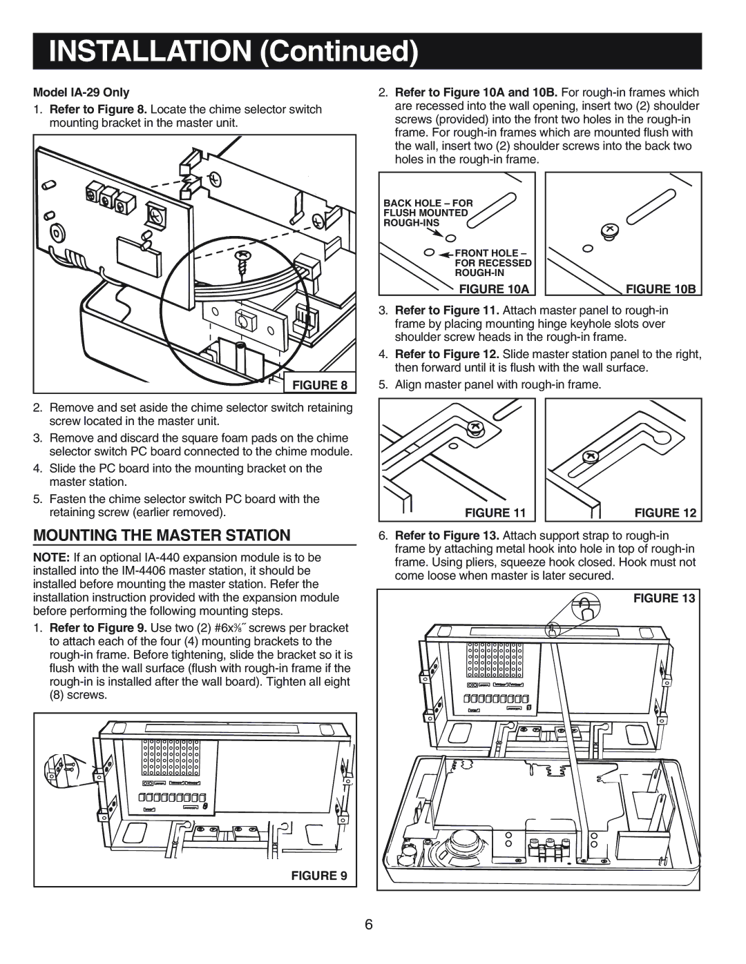 NuTone IM-440 Series installation instructions Mounting the Master Station 