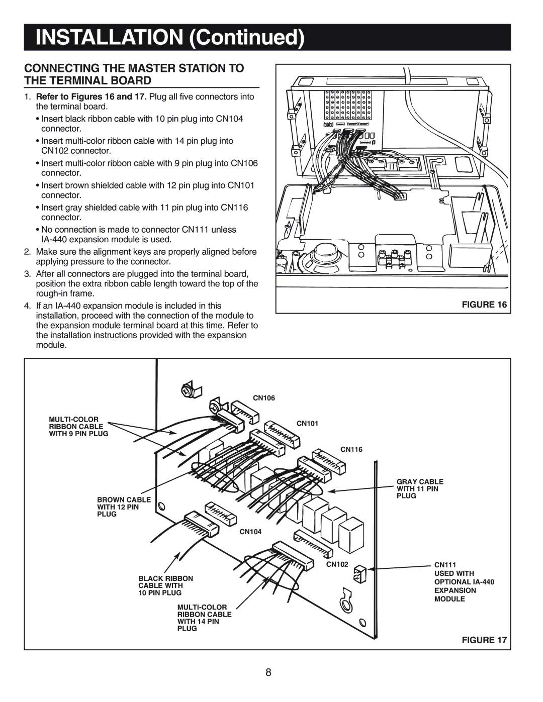 NuTone IM-440 Series installation instructions Connecting the Master Station to the Terminal Board 