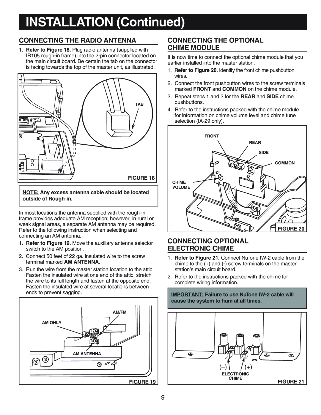 NuTone IM-440 Series installation instructions Connecting the Radio Antenna, Connecting the Optional Chime Module 