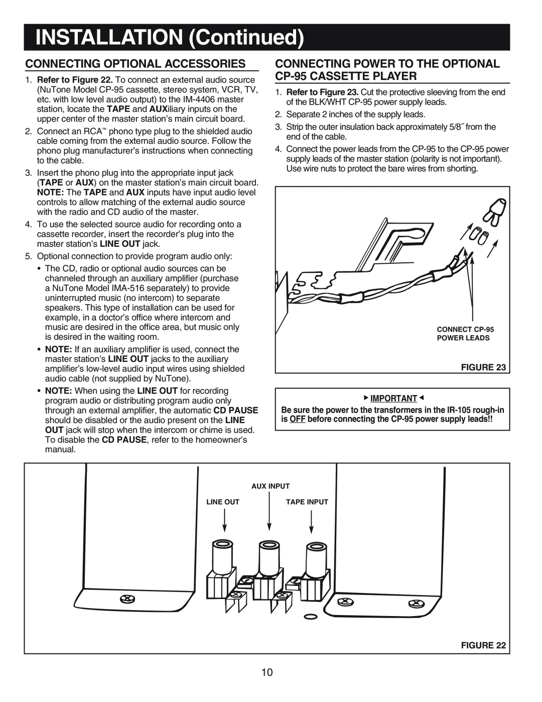 NuTone IM-440 Series installation instructions Connecting Optional Accessories, INSTALLATION Continued 