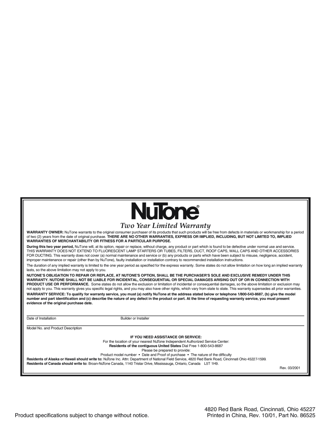 NuTone IM-440 Series installation instructions Two Year Limited Warranty, Red Bank Road, Cincinnati, Ohio 