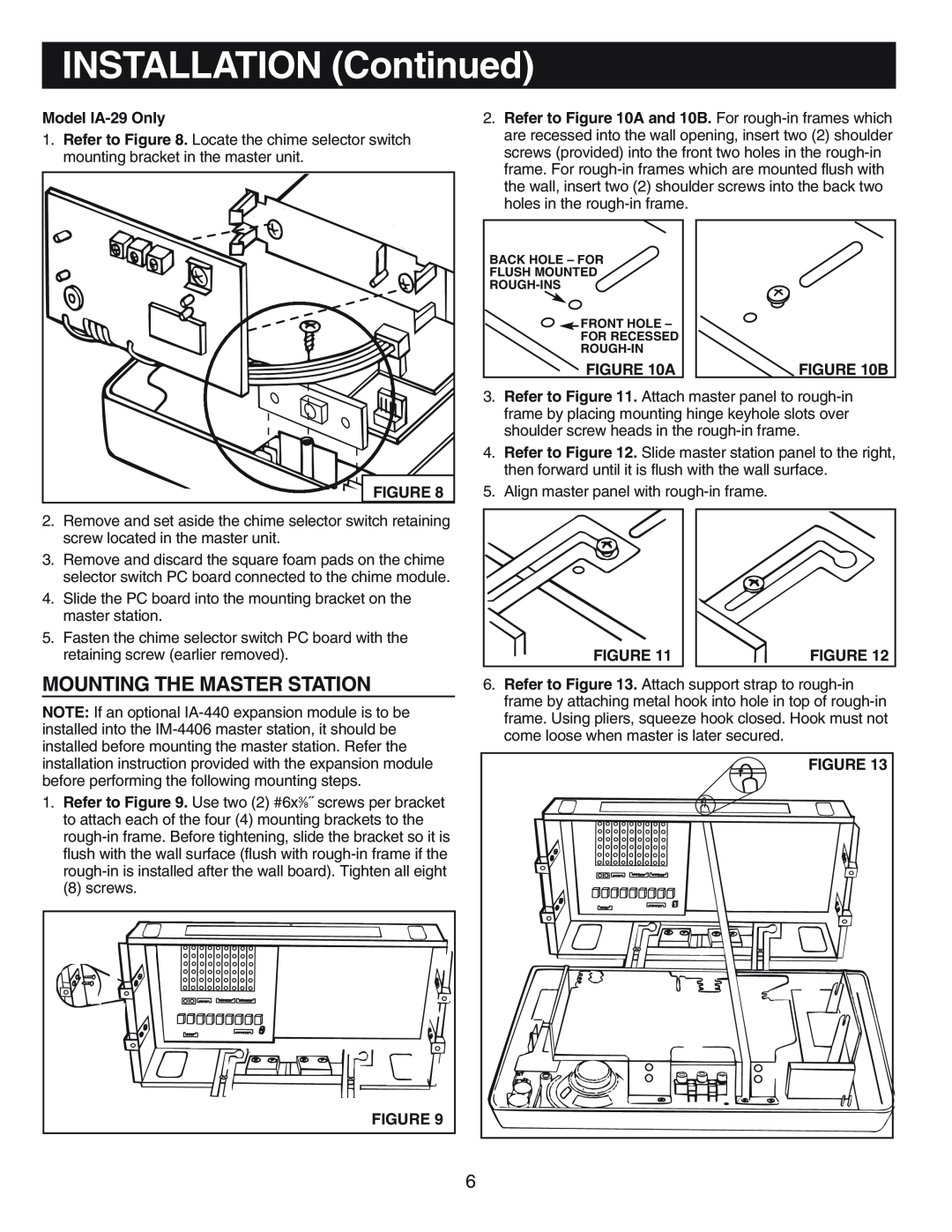NuTone IM-440 Series installation instructions Mounting The Master Station, INSTALLATION Continued, Model IA-29Only, B 