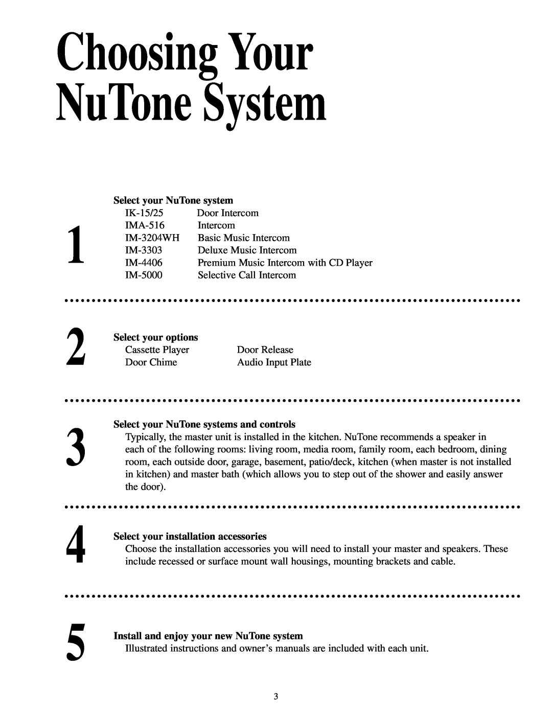 NuTone IMA-516, IM-4406, IM-5000, IM-3303, IK-15 Choosing Your NuTone System, Select your NuTone system, Select your options 