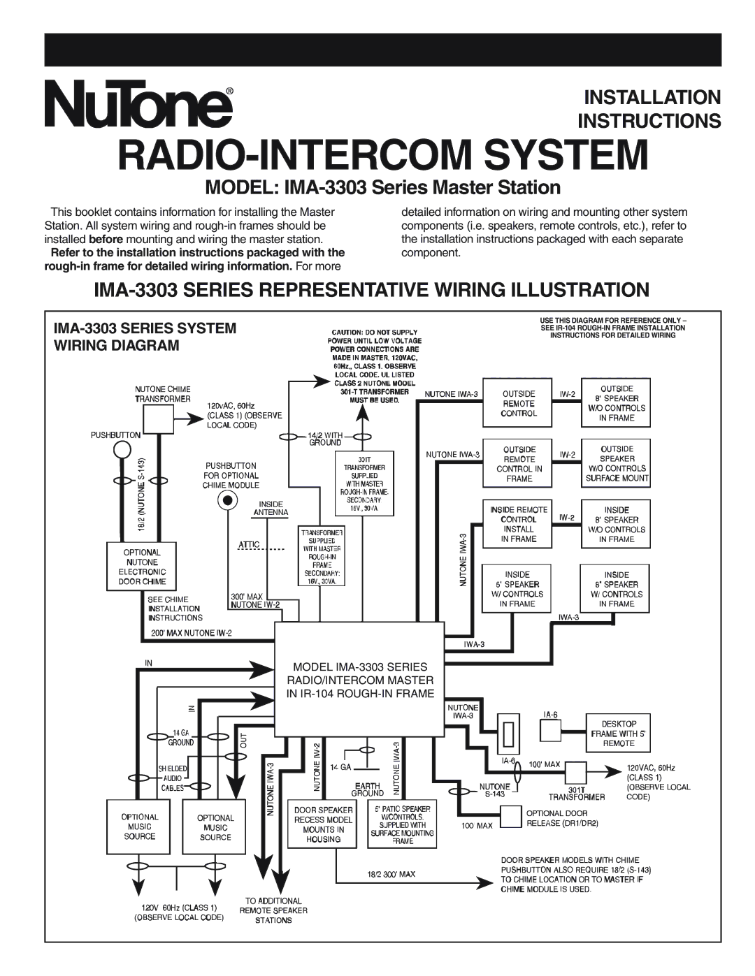 NuTone IMA-3033 Series Master Station installation instructions RADIO-INTERCOM System 