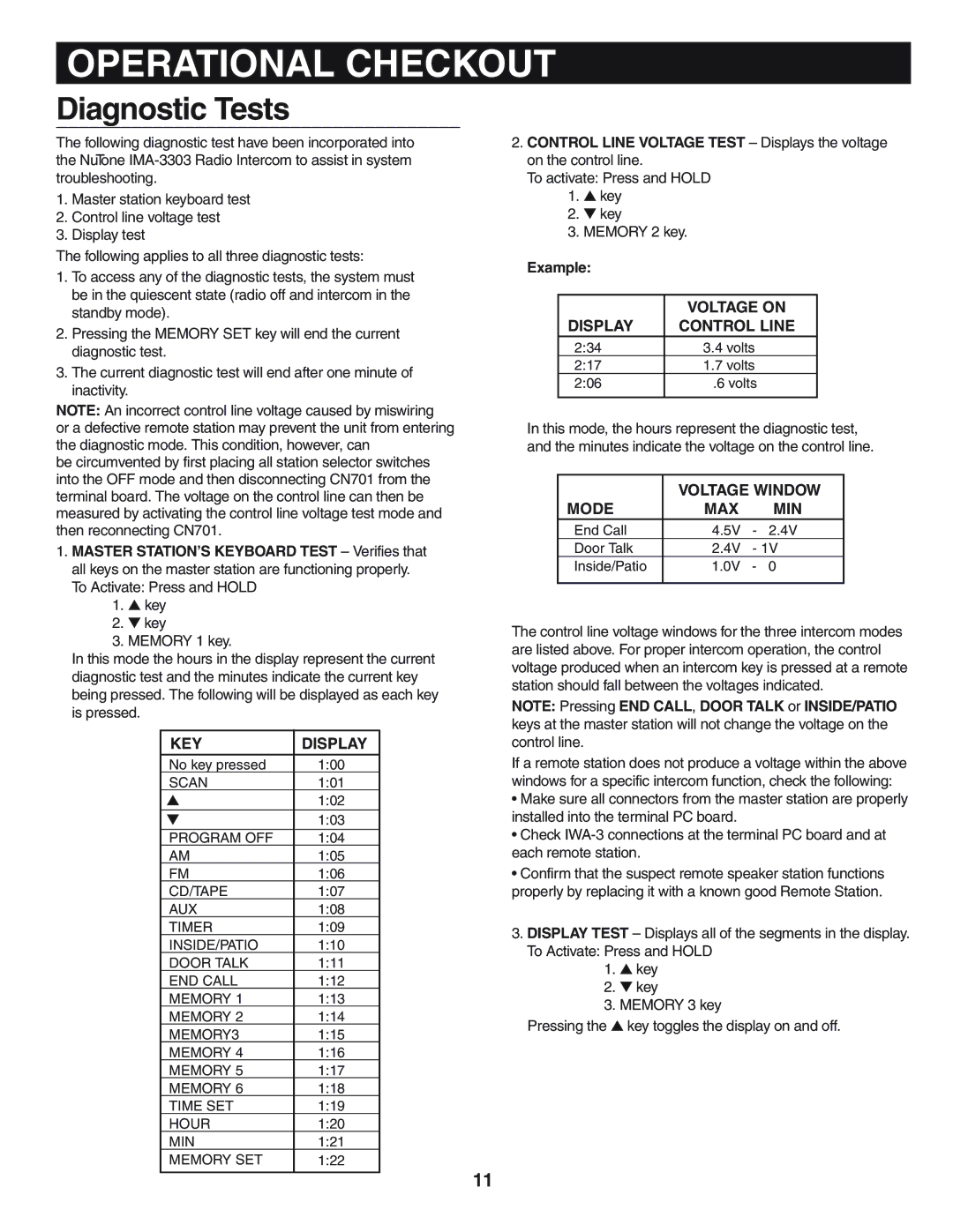 NuTone IMA-3033 Series Master Station installation instructions Operational Checkout, Diagnostic Tests 