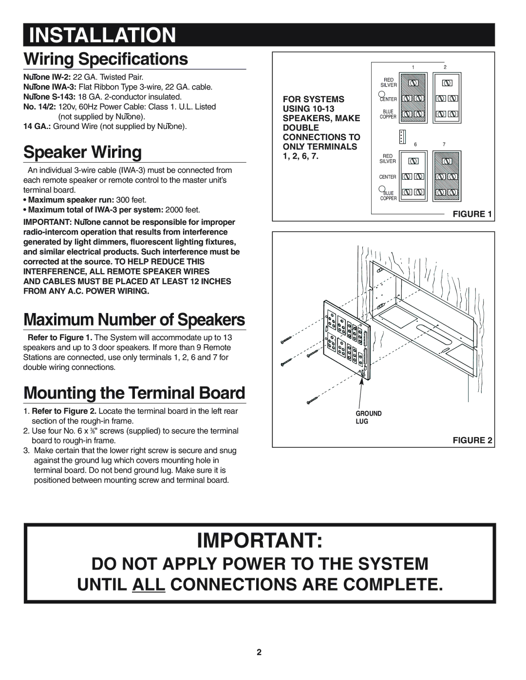 NuTone IMA-3033 Series Master Station Installation, Wiring Specifications, Speaker Wiring, Mounting the Terminal Board 