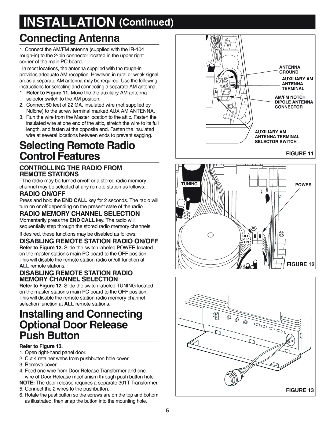 NuTone IMA-3033 Series Master Station Connecting Antenna, Installing and Connecting Optional Door Release Push Button 