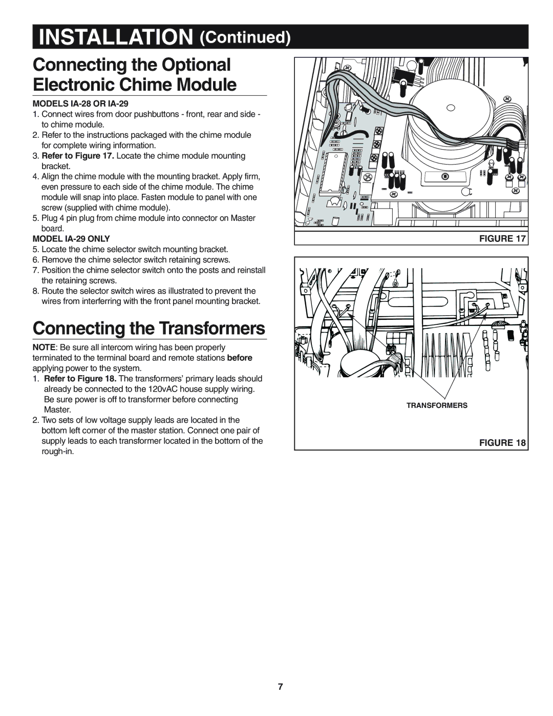 NuTone IMA-3033 Series Master Station Connecting the Transformers, Models IA-28 or IA-29, Model IA-29 only 