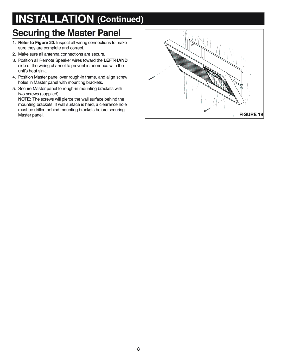 NuTone IMA-3033 Series Master Station installation instructions Securing the Master Panel 