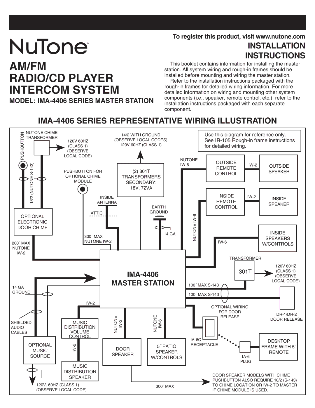 NuTone IMA4406 installation instructions AM/FM RADIO/CD Player Intercom System, Model IMA-4406 Series Master Station 