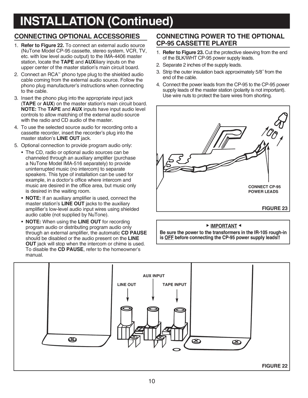 NuTone IMA4406 Connecting Optional Accessories, Connecting Power to the Optional CP-95 Cassette Player 