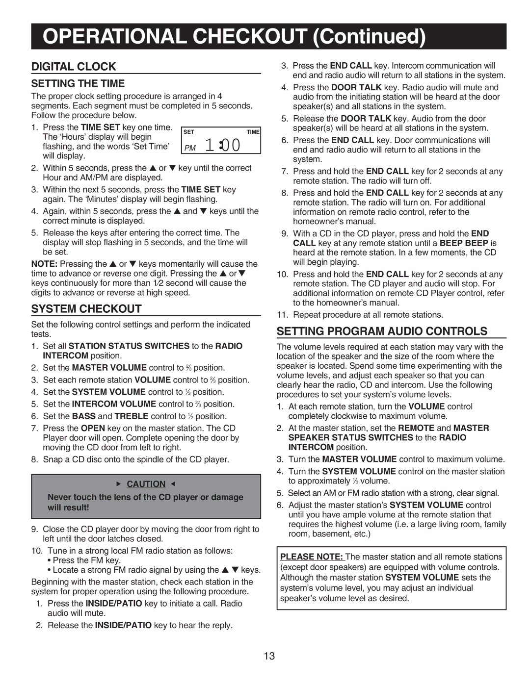 NuTone IMA4406 installation instructions Digital Clock, System Checkout, Setting Program Audio Controls 