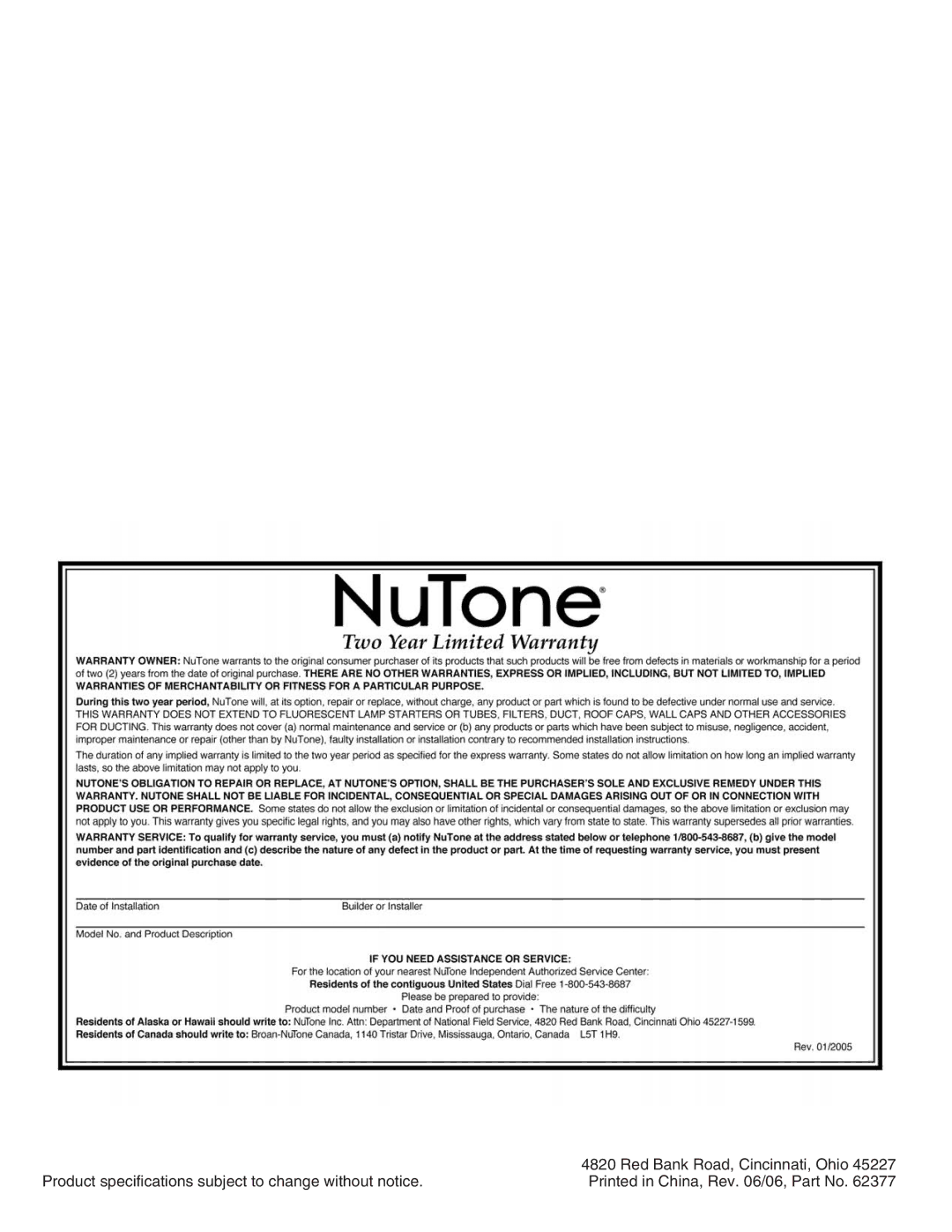 NuTone IMA4406 installation instructions Product specifications subject to change without notice 