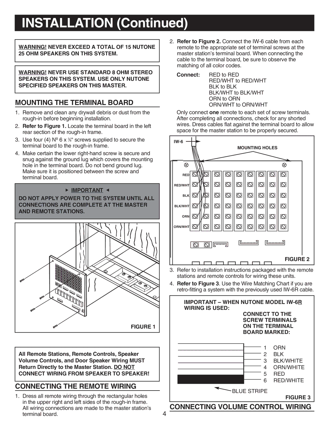 NuTone IMA4406 Mounting the Terminal Board, Connecting the Remote Wiring, Connecting Volume Control Wiring 