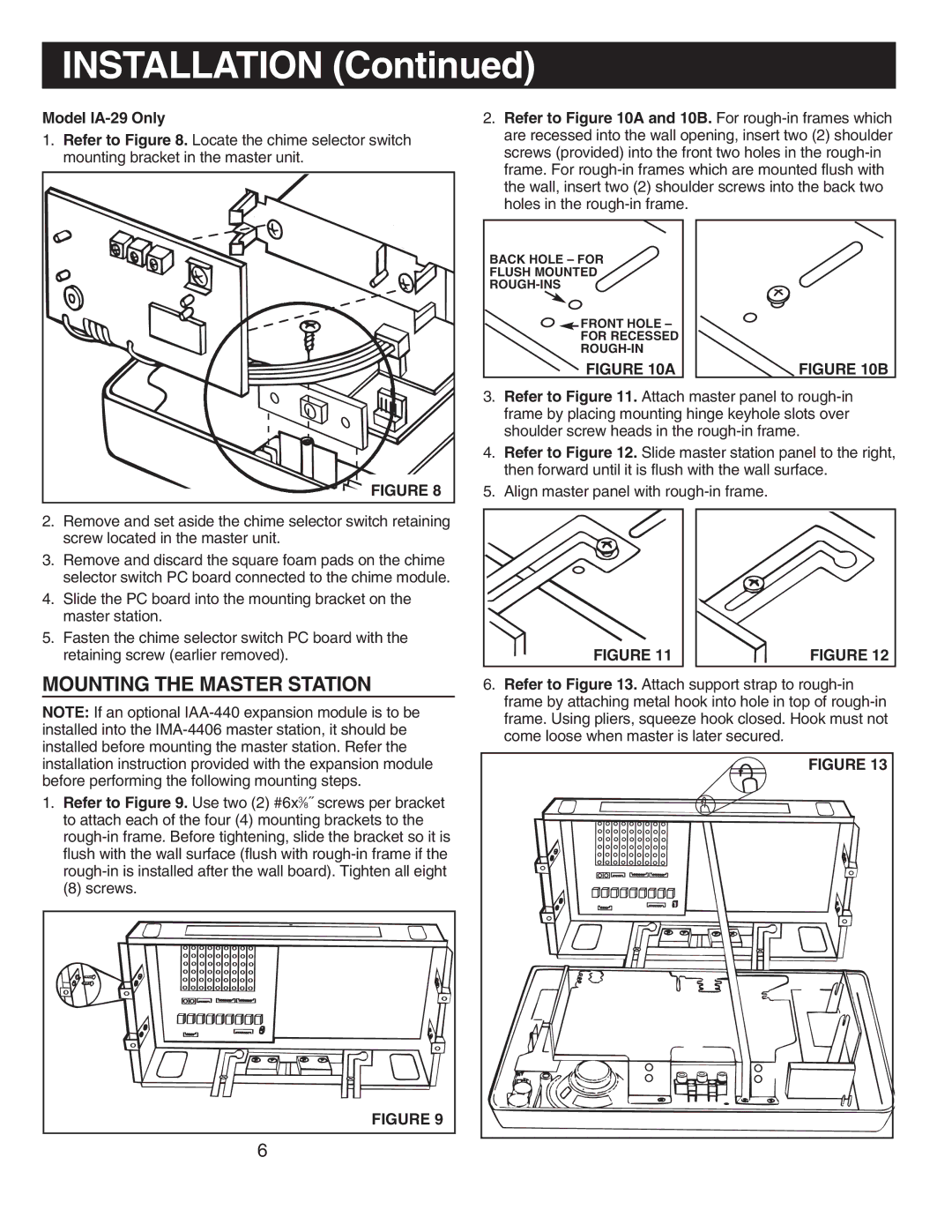 NuTone IMA4406 installation instructions Mounting the Master Station 