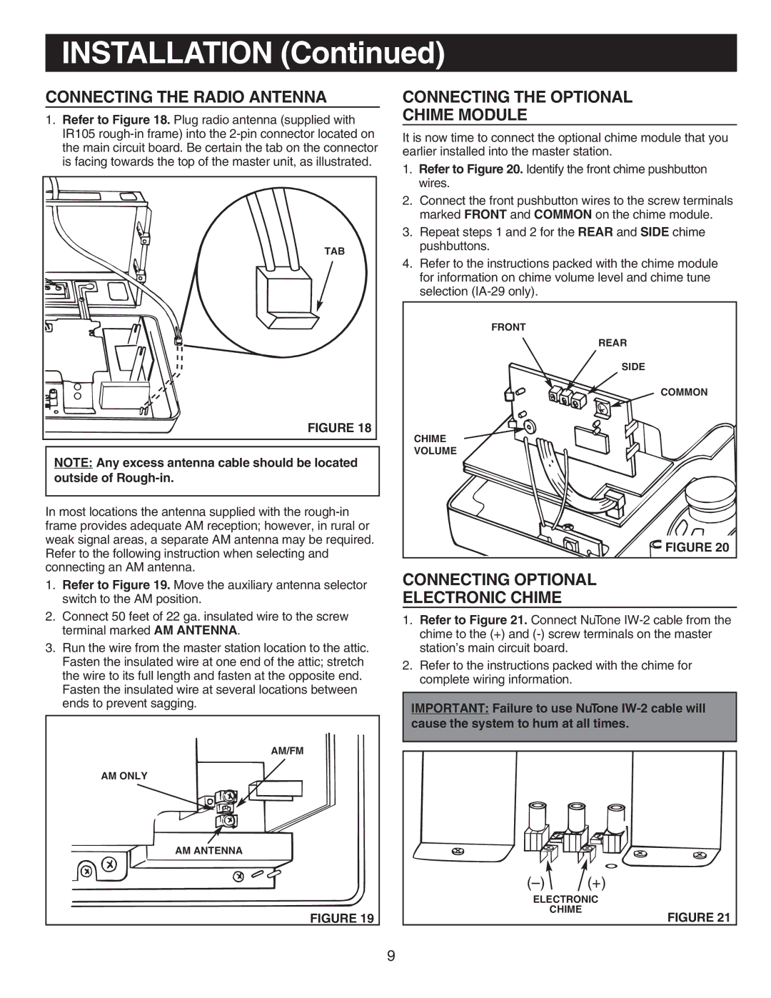 NuTone IMA4406 Connecting the Radio Antenna, Connecting the Optional Chime Module, Connecting Optional Electronic Chime 
