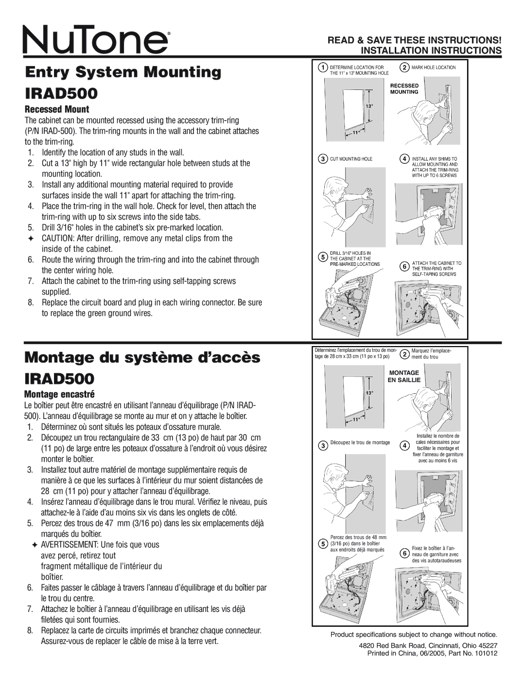 NuTone installation instructions Entry System Mounting, Montage du système d’accès IRAD500, Recessed Mount 