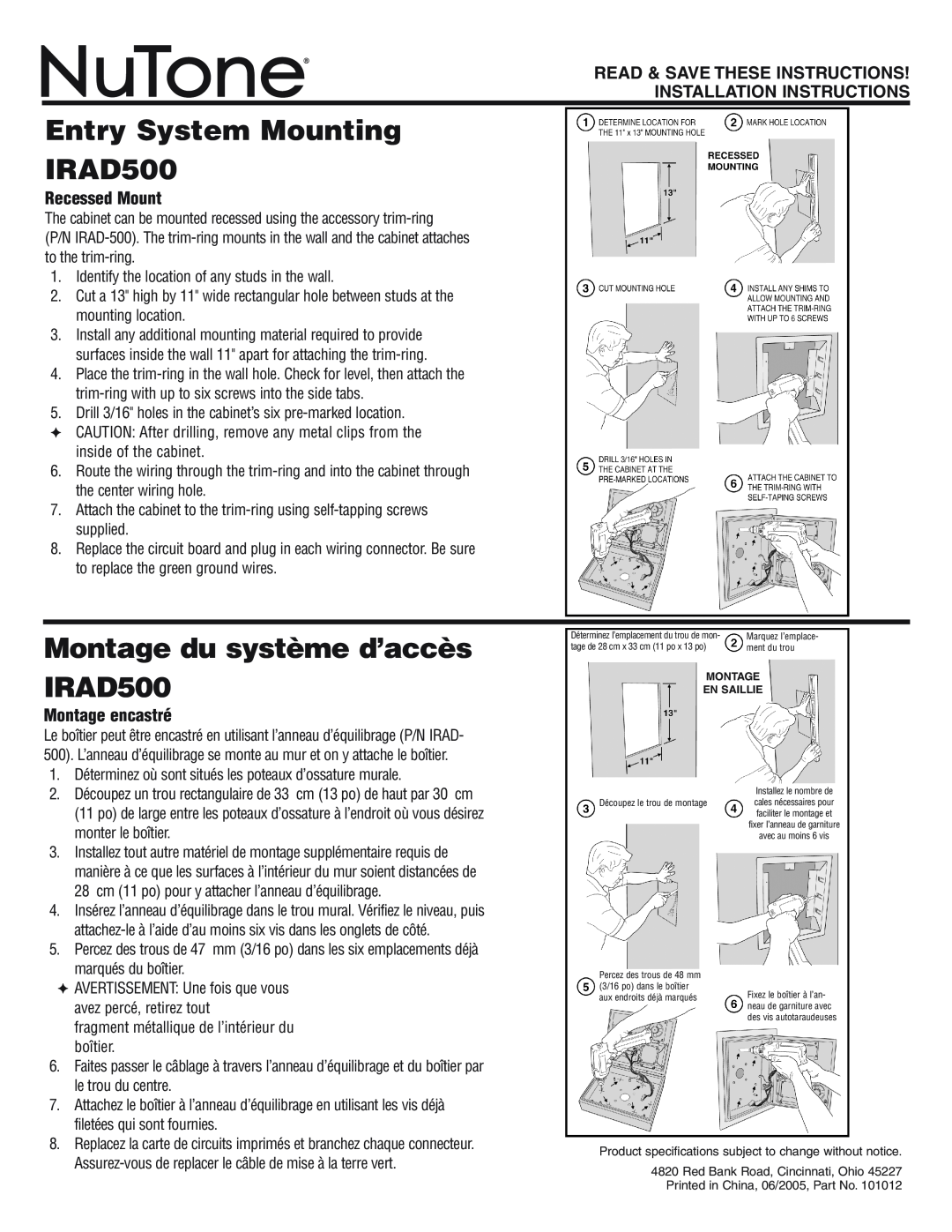 NuTone installation instructions Entry System Mounting IRAD500, Montage du système d’accès IRAD500, Recessed Mount 