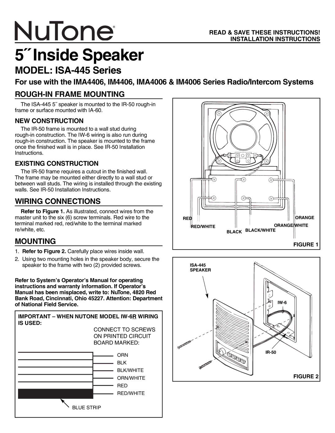 NuTone installation instructions ˝ Inside Speaker, Model ISA-445 Series, ROUGH-IN Frame Mounting, Wiring Connections 