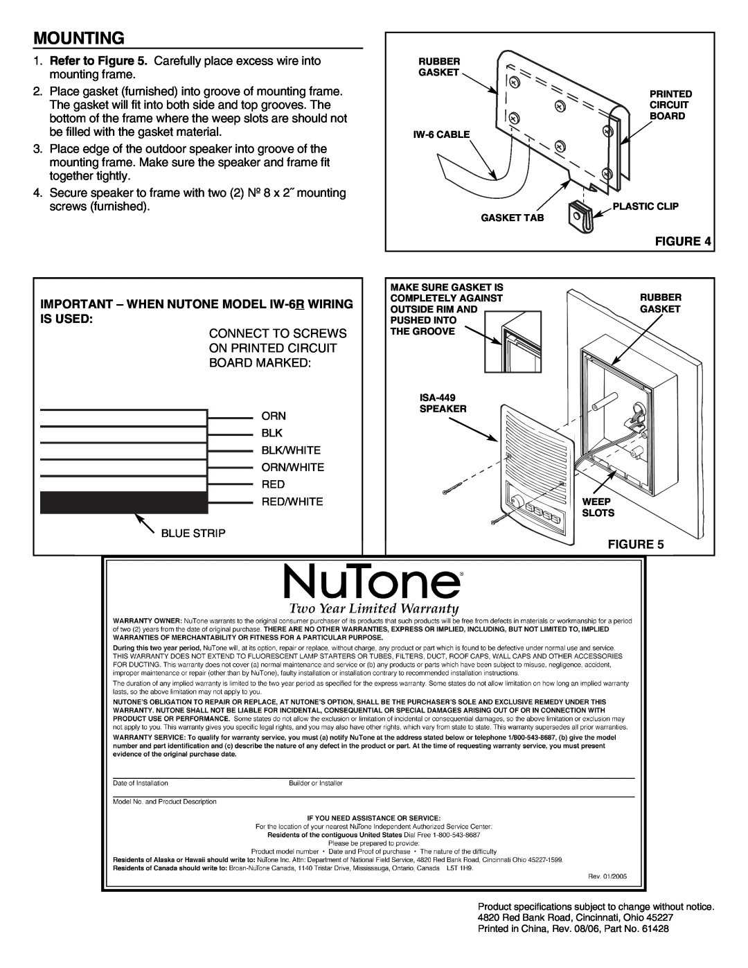 NuTone ISA-449WH installation instructions Mounting, IMPORTANT - WHEN NUTONE MODEL IW-6RWIRING IS USED 