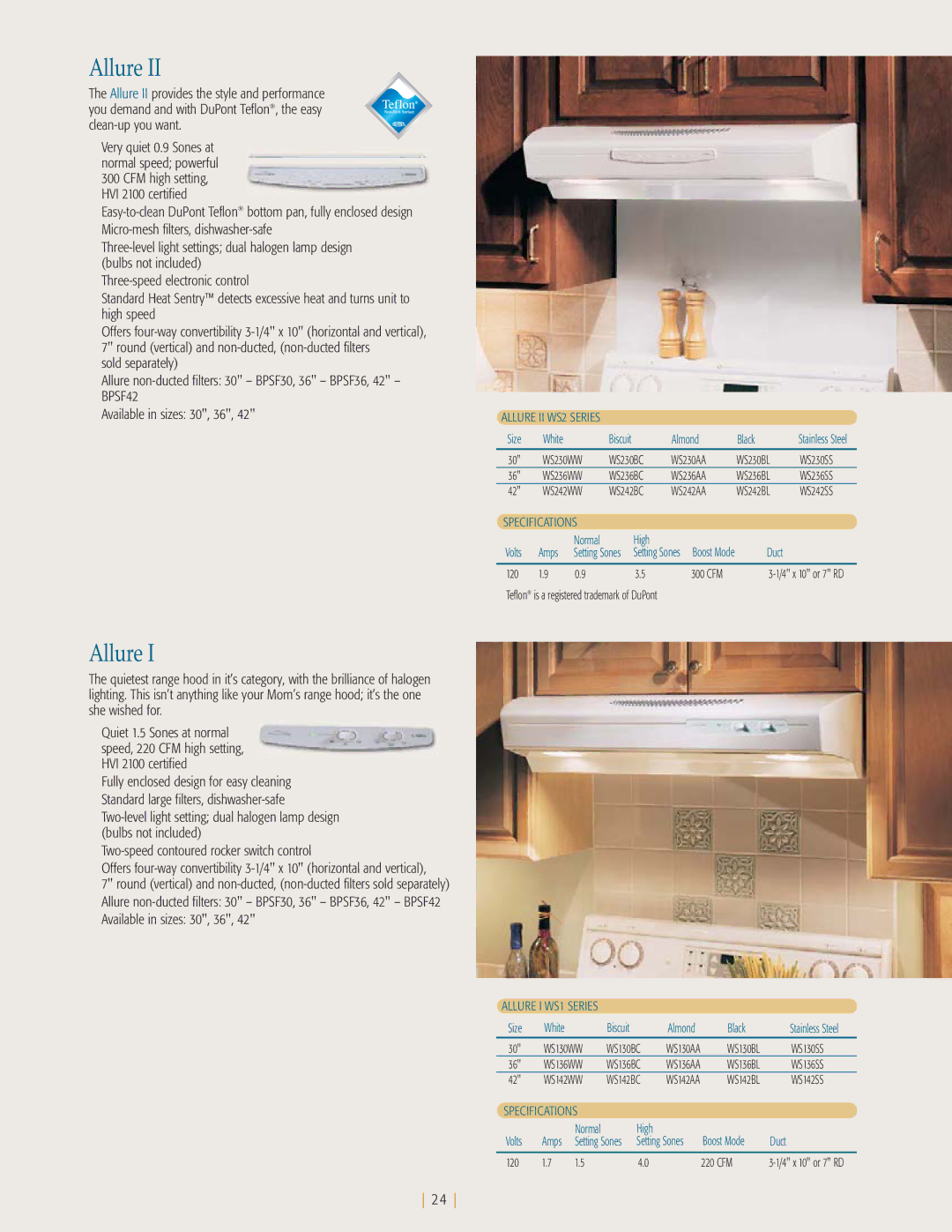 NuTone kitchen ventilation WS230WW WS230BC WS230AA WS230BL, WS236WW WS236BC WS236AA WS236BL, WS130BC, WS130SS, WS136BC 