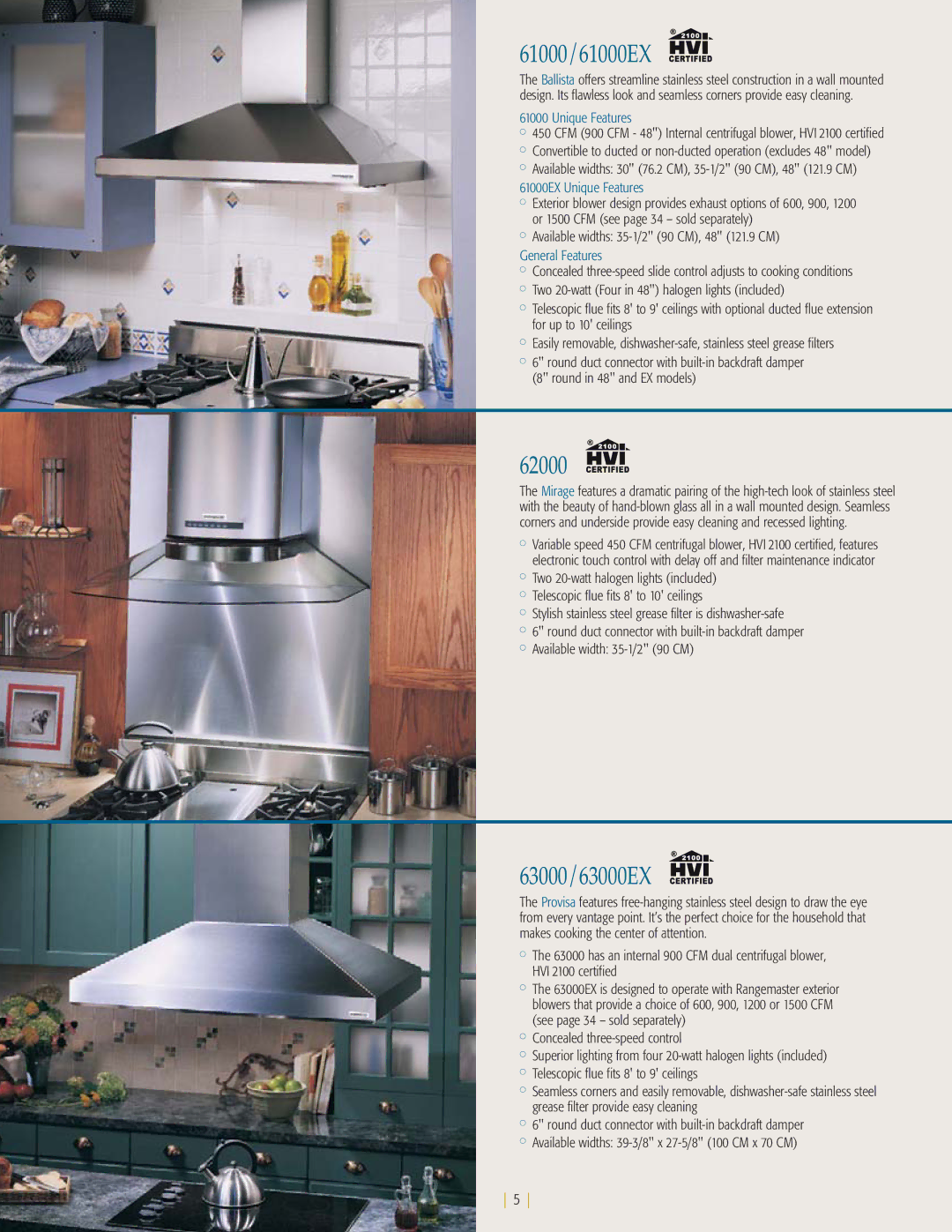 NuTone kitchen ventilation 61000/61000EX, 62000, 63000/63000EX,  Available widths 30 76.2 CM, 35-1/2 90 CM, 48 121.9 CM 