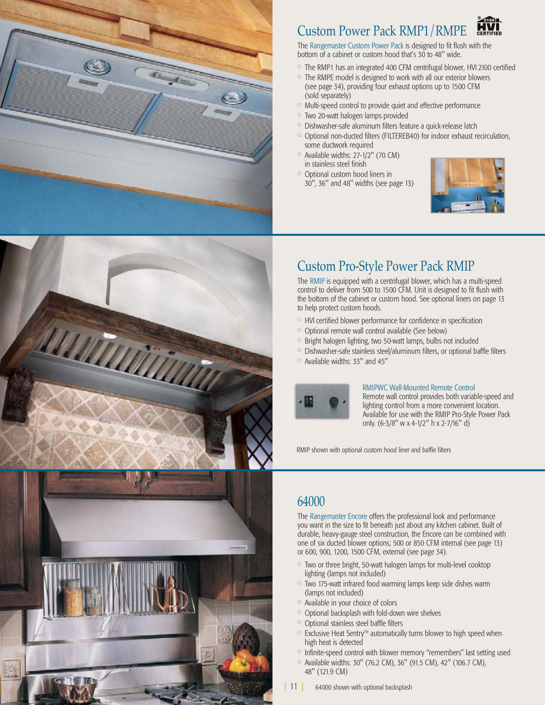 NuTone kitchen ventilation manual Custom Power Pack RMP1/RMPE, Custom Pro-Style Power Pack RMIP, 64000 
