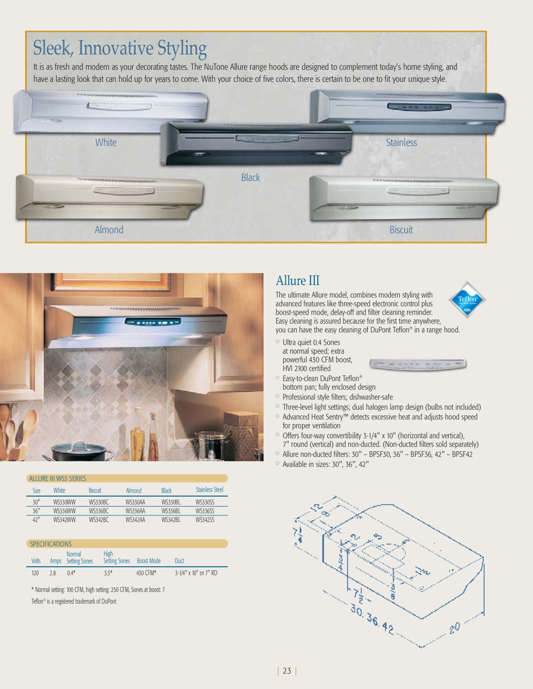 NuTone kitchen ventilation manual Sleek, Innovative Styling, Allure, White, Black, Almond, Stainless, Biscuit 