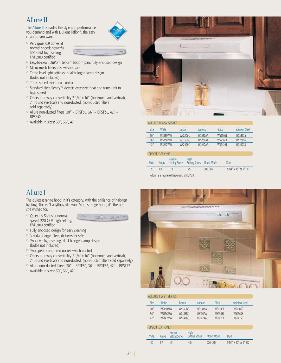 NuTone kitchen ventilation Allure, round vertical and non-ducted, non-ducted filters sold separately, WS230SS, WS236SS 