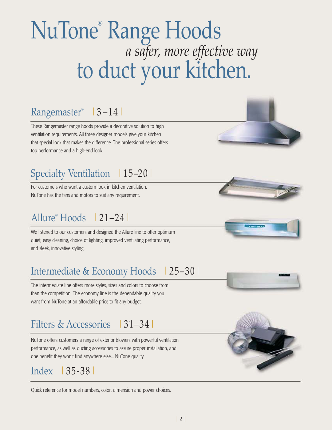 NuTone kitchen ventilation NuTone Range Hoods, to duct your kitchen, a safer, more effective way, Rangemaster 3, Index 